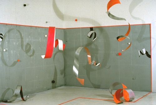 Untitled, aluminum, chalk line, string, acrylics, 8’ X 8’ X 6’, 1996
