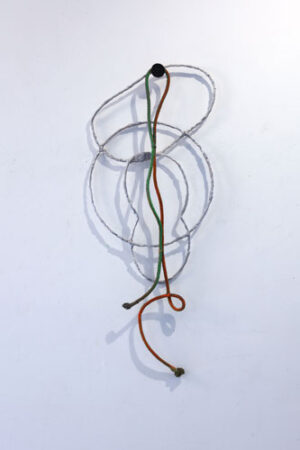 Stepping Out , 32, X15”, painted rope, steel rings, steel pins, 2023